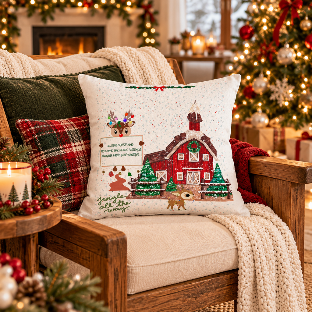 Christmas Barn Holiday Throw Pillow — 'Jingle All the Way' Jesus Farmhouse Decor