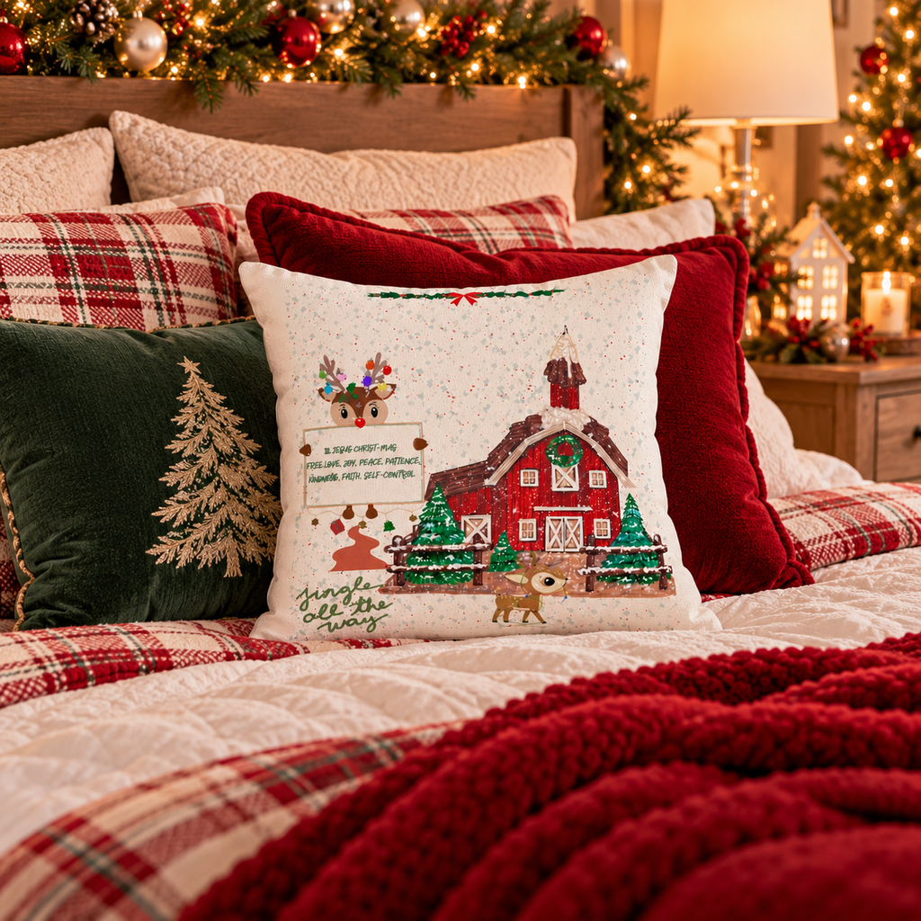 Christmas Barn Holiday Throw Pillow — 'Jingle All the Way' Jesus Farmhouse Decor