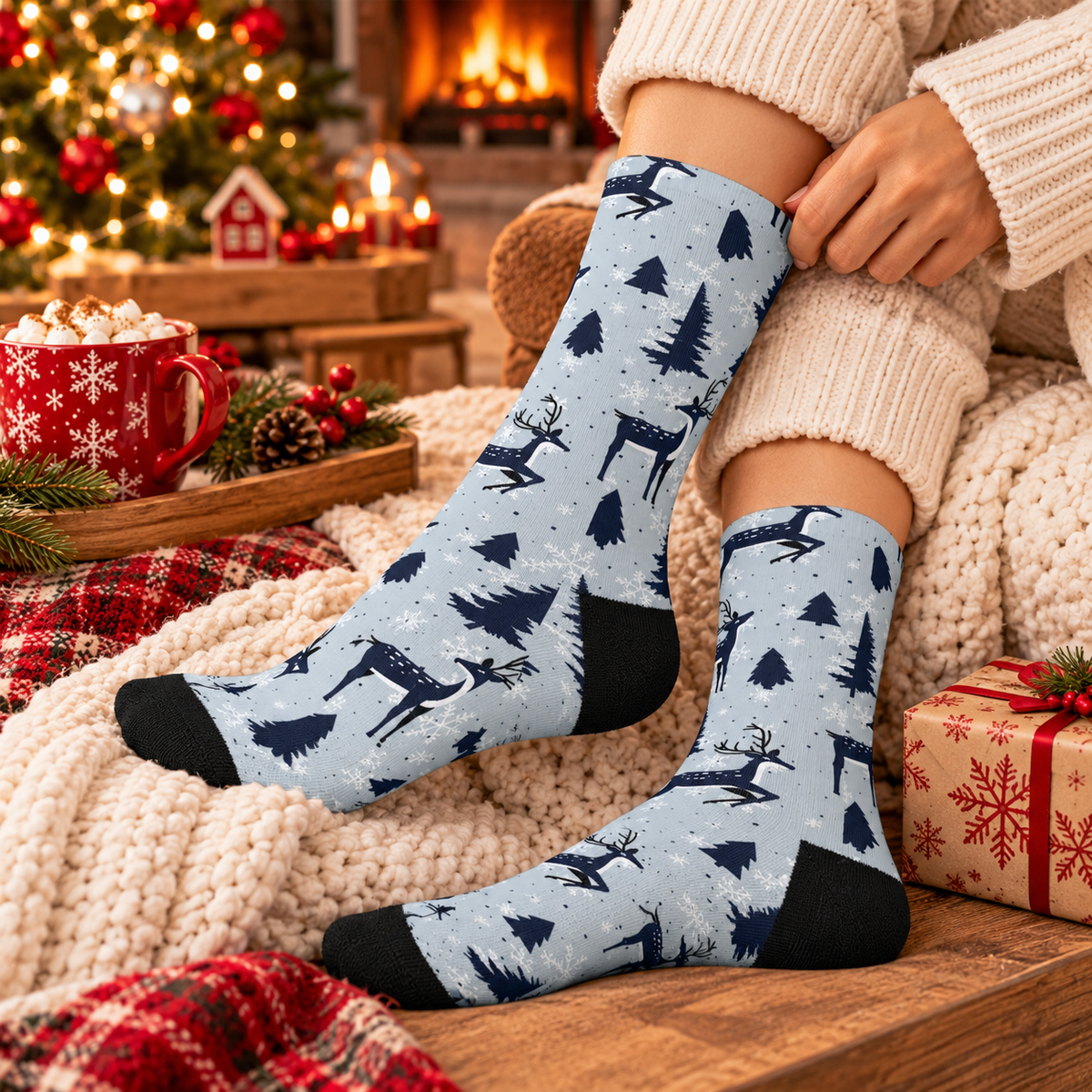 Winter Reindeer Mid-Length Socks — Snowy Forest Holiday Crew Socks