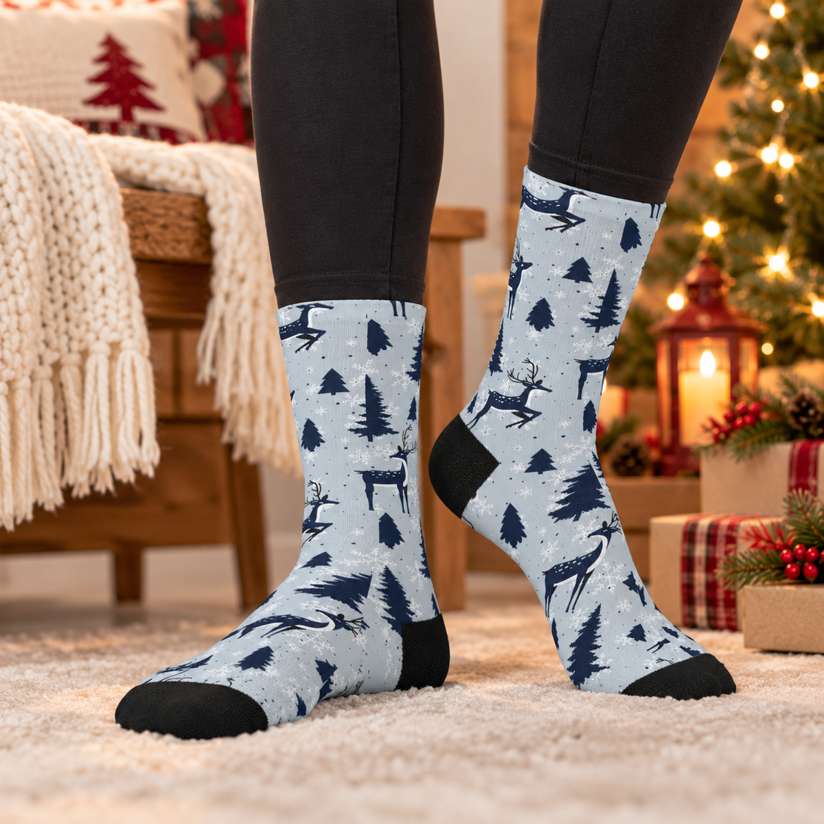 Winter Reindeer Mid-Length Socks — Snowy Forest Holiday Crew Socks