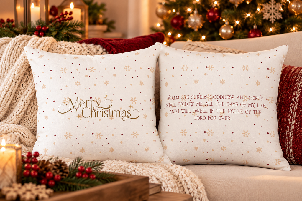 Christmas Throw Pillow - 'Merry Christmas' Gold Script with Psalm 23 Verse, Festive Star Pattern