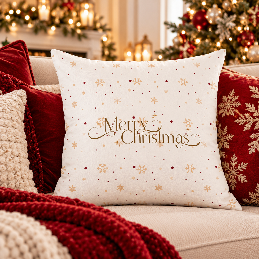 Christmas Throw Pillow - 'Merry Christmas' Gold Script with Psalm 23 Verse, Festive Star Pattern