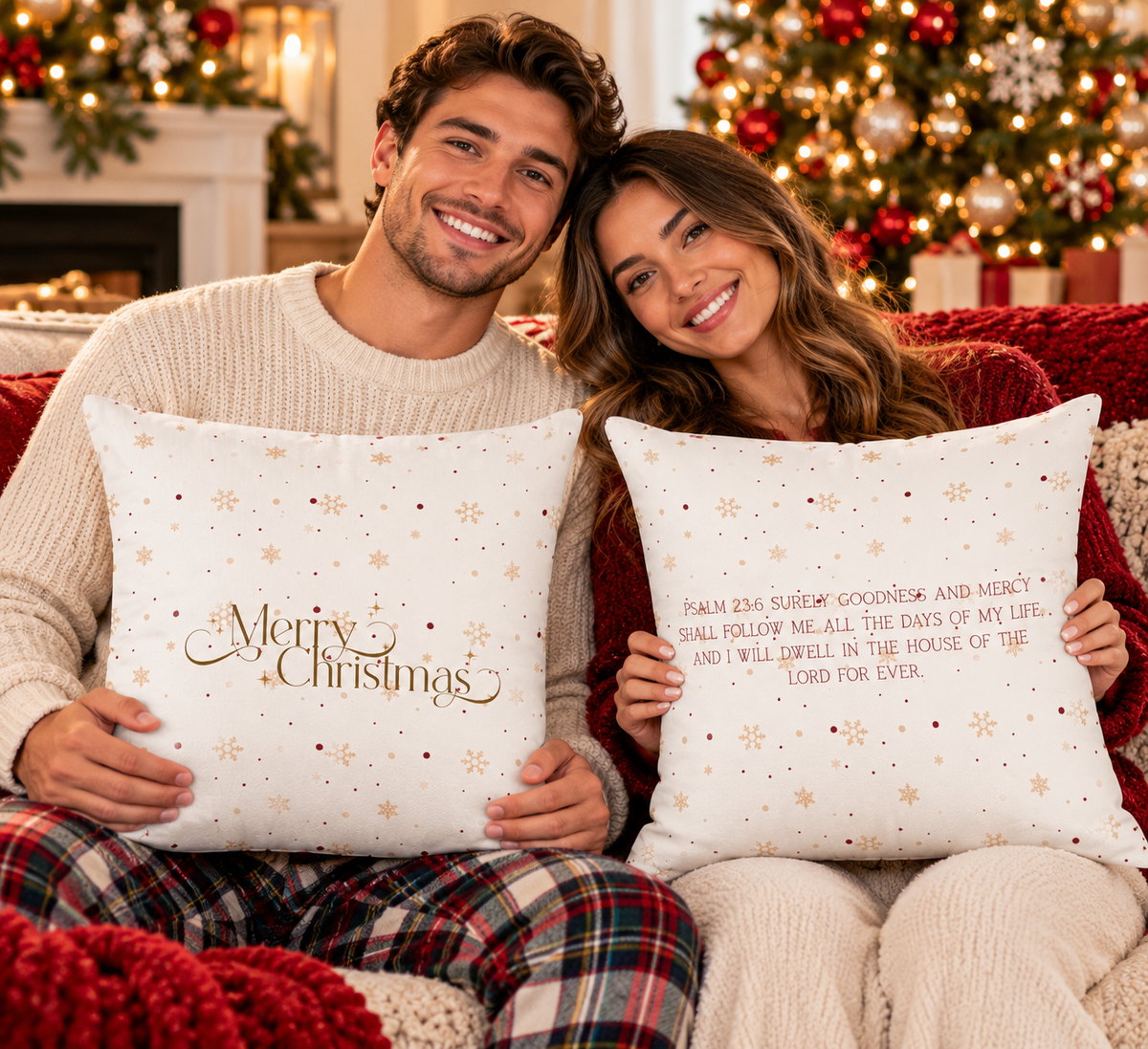 Christmas Throw Pillow - 'Merry Christmas' Gold Script with Psalm 23 Verse, Festive Star Pattern