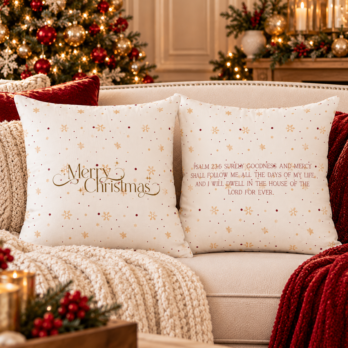 Christmas Throw Pillow - 'Merry Christmas' Gold Script with Psalm 23 Verse, Festive Star Pattern