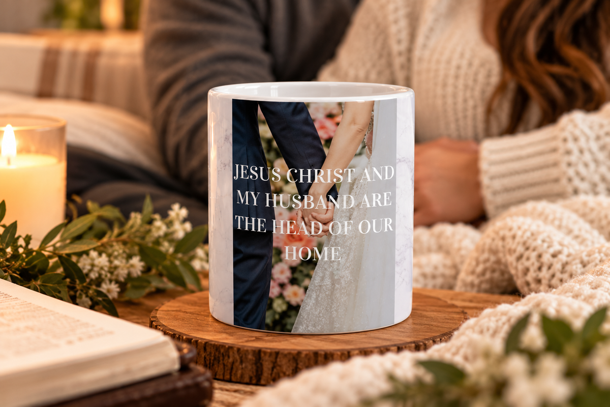 Wedding Mug – “Jesus Christ and My Husband Are the Head of Our Home” Ceramic Coffee Cup (11oz)