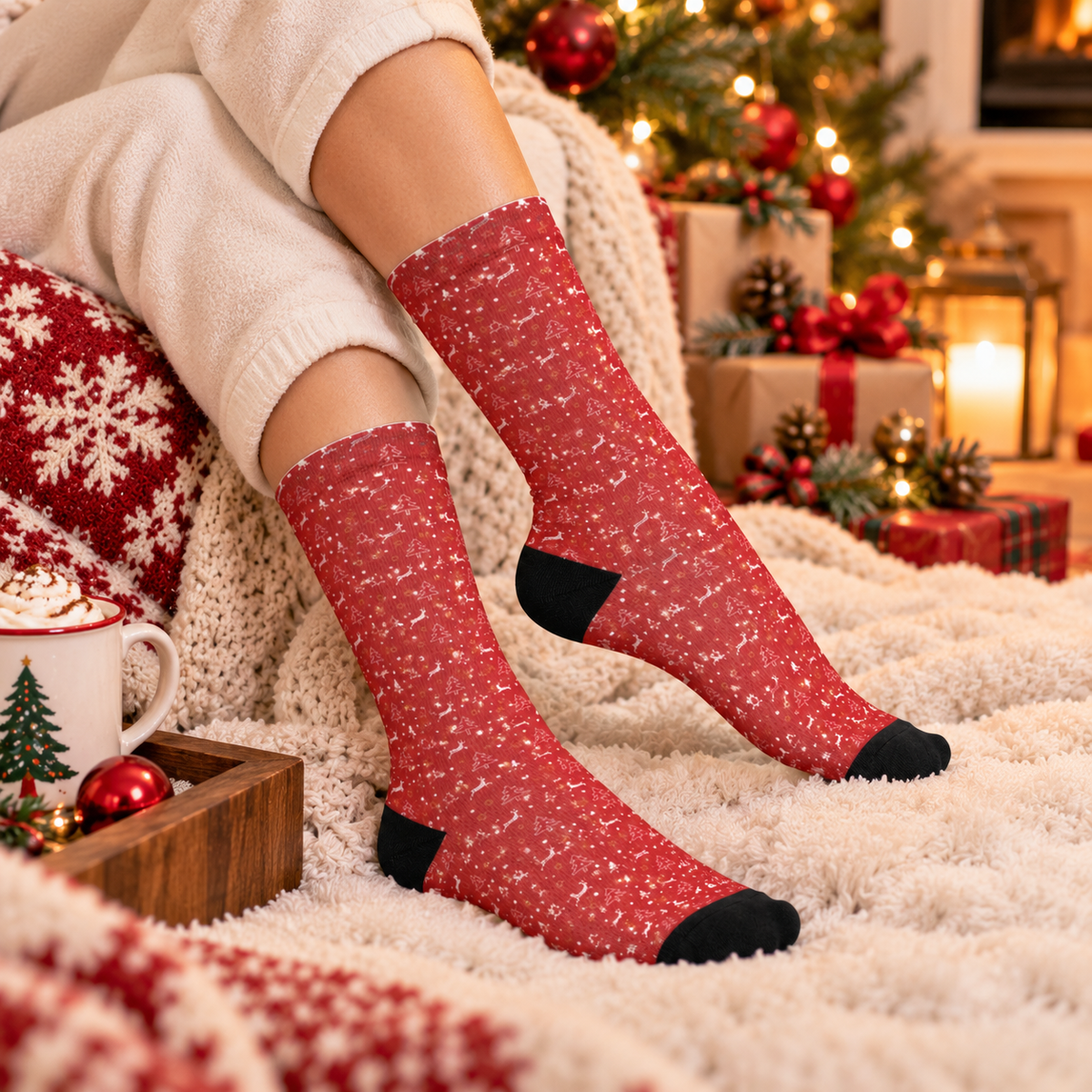 Red Christmas Pattern Crew Socks