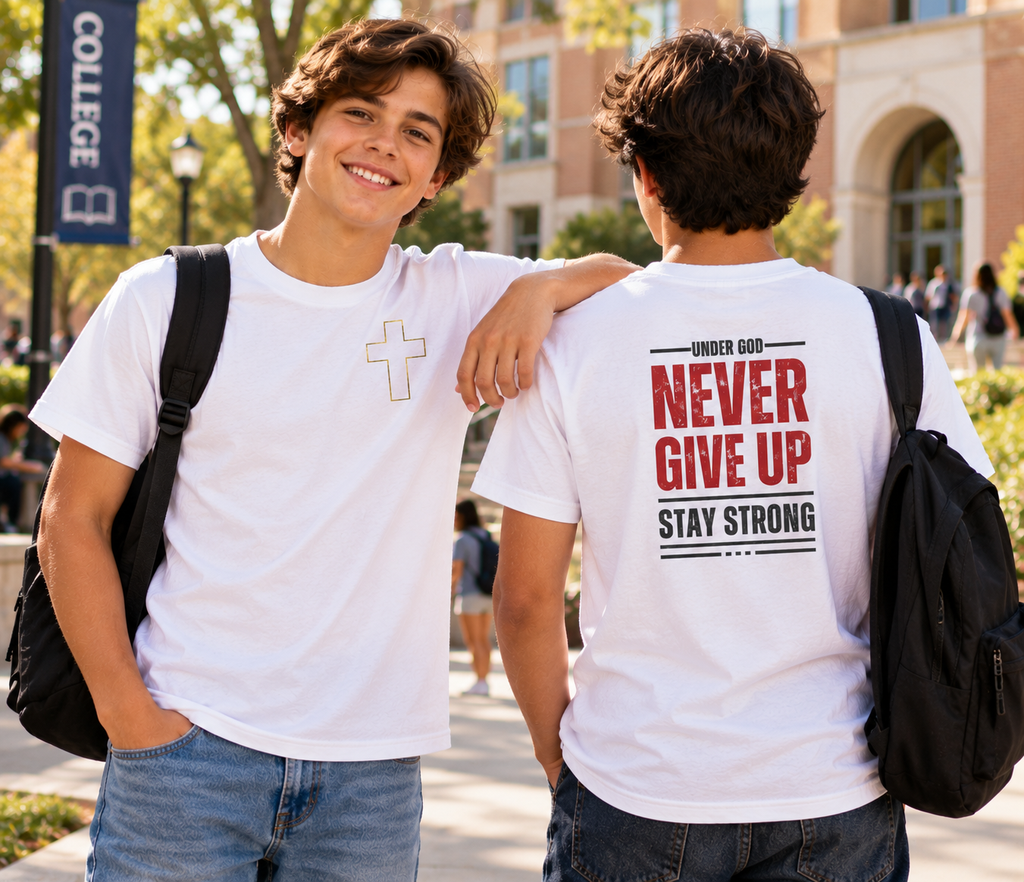 Christian 'Never Give Up' Tee — Stay Strong Cross T-Shirt