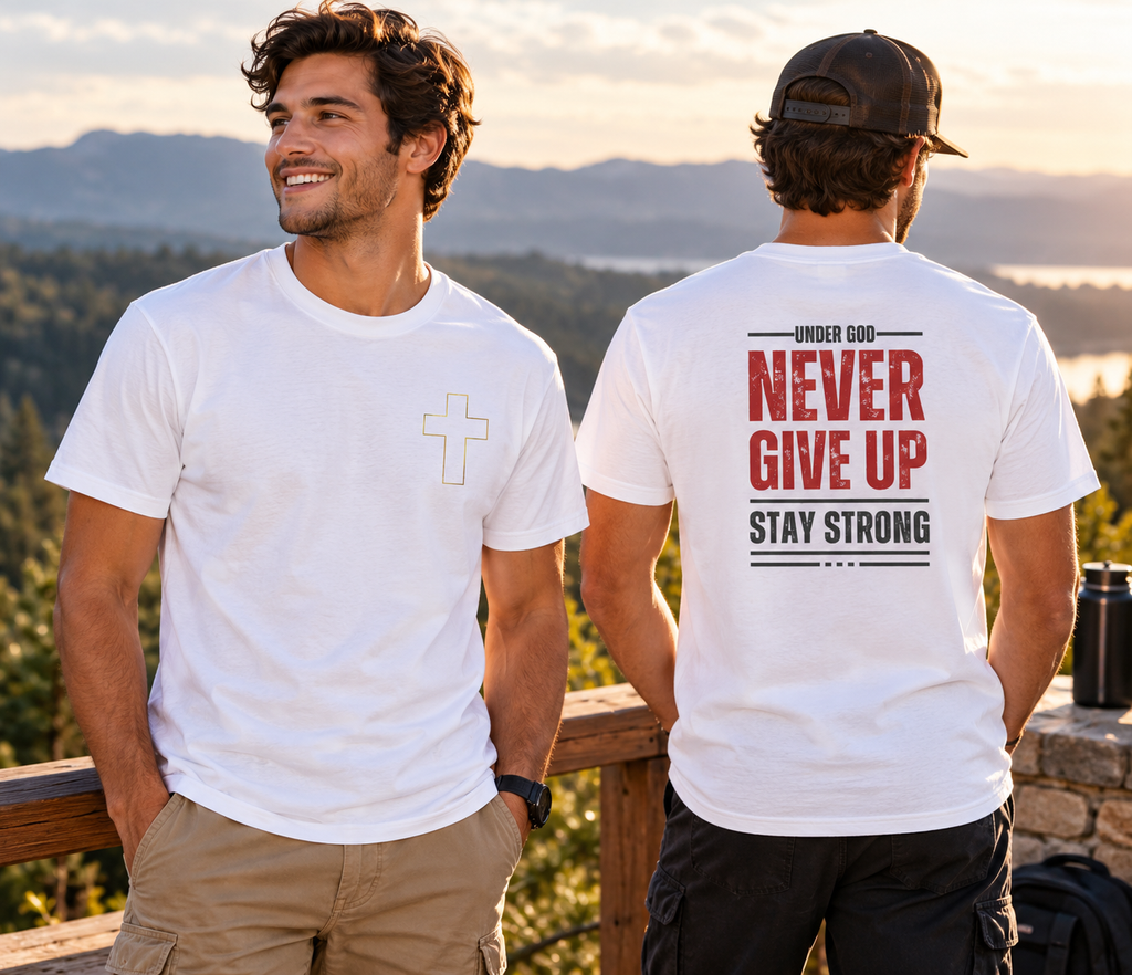 Christian 'Never Give Up' Tee — Stay Strong Cross T-Shirt