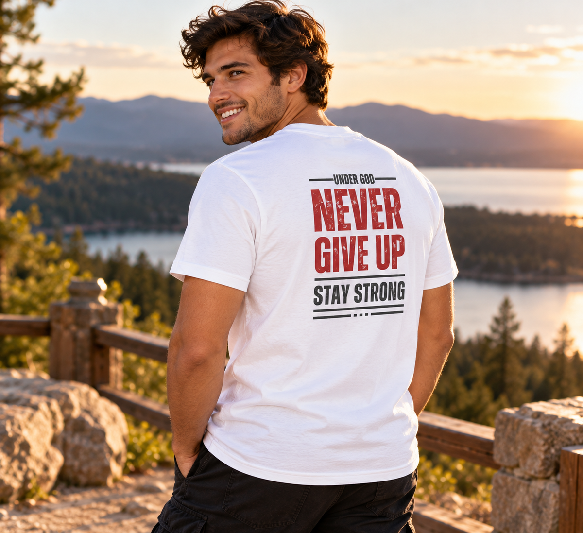 Christian 'Never Give Up' Tee — Stay Strong Cross T-Shirt
