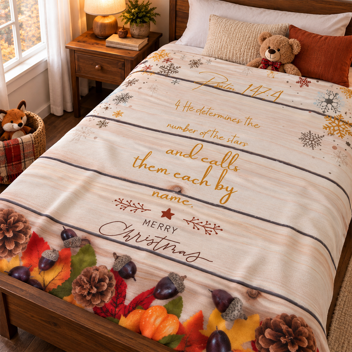 Christmas Velveteen Plush Blanket – ‘Psalms 147:4’ Bible Verse