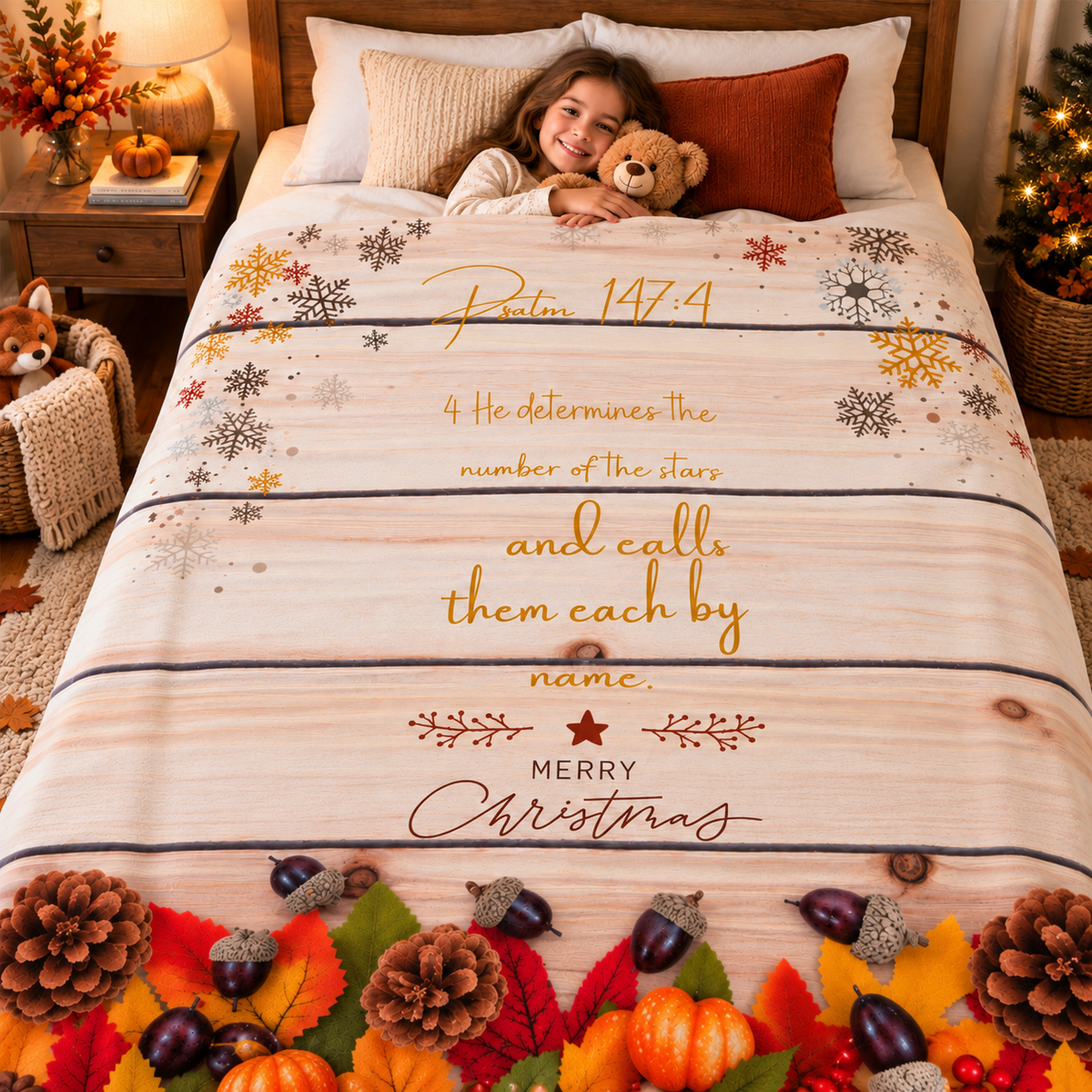 Christmas Velveteen Plush Blanket – ‘Psalms 147:4’ Bible Verse