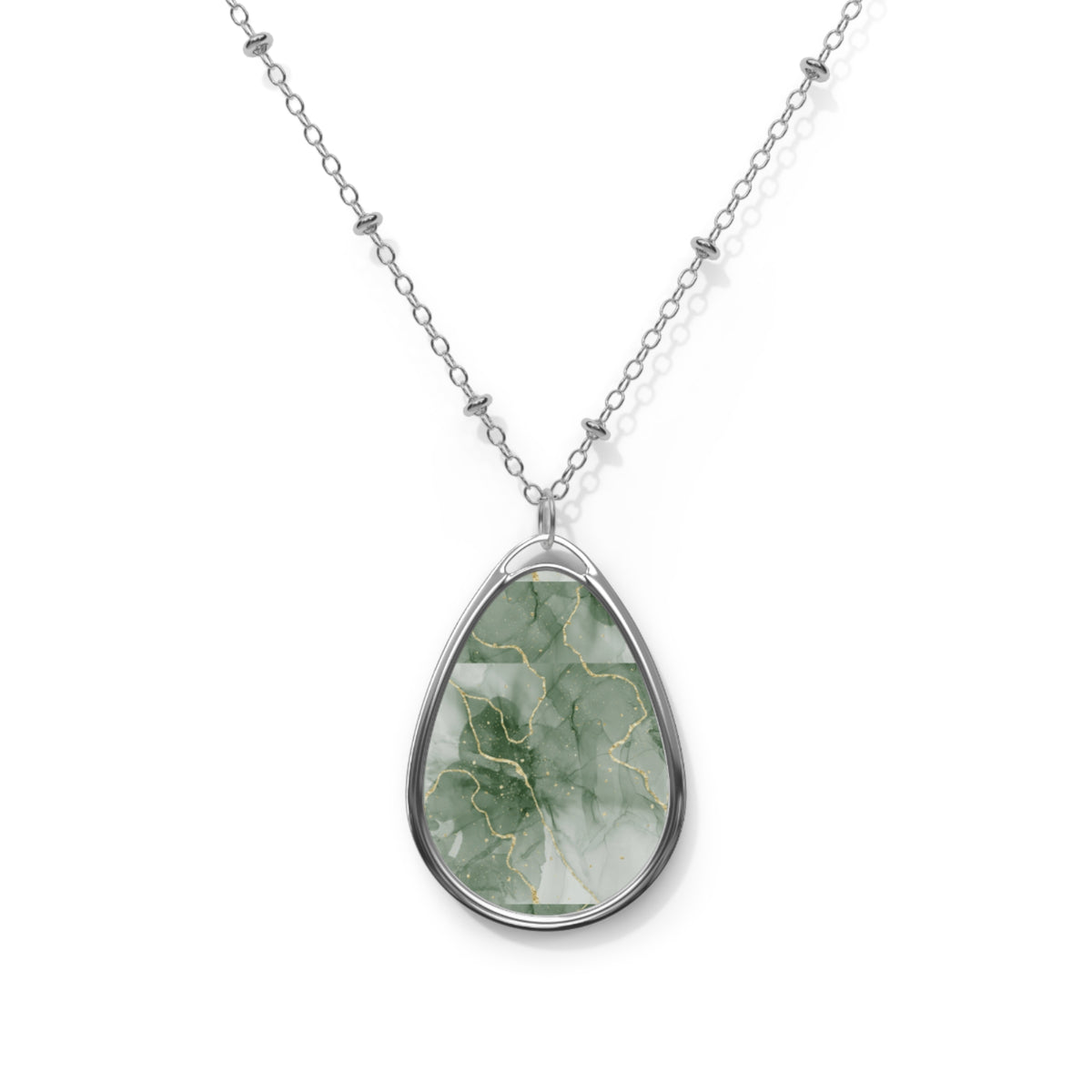 Elegant Green Marble-Print Oval Pendant Necklace