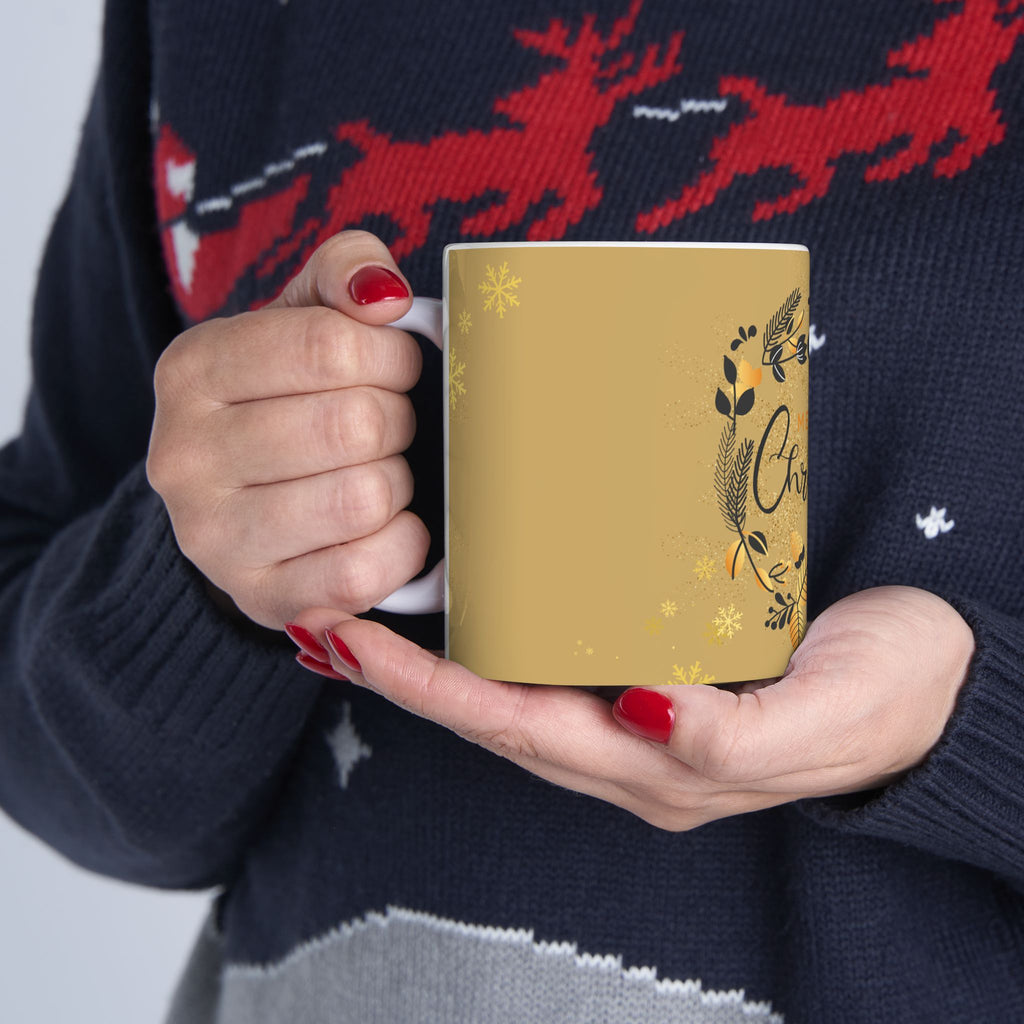 Christmas Wreath Ceramic Mug — Merry Christmas Gold Holiday Coffee Cup (11oz)