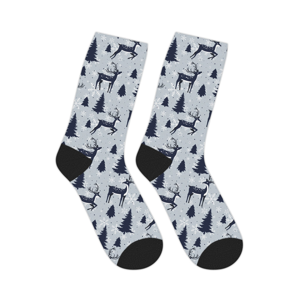 Winter Reindeer Mid-Length Socks — Snowy Forest Holiday Crew Socks