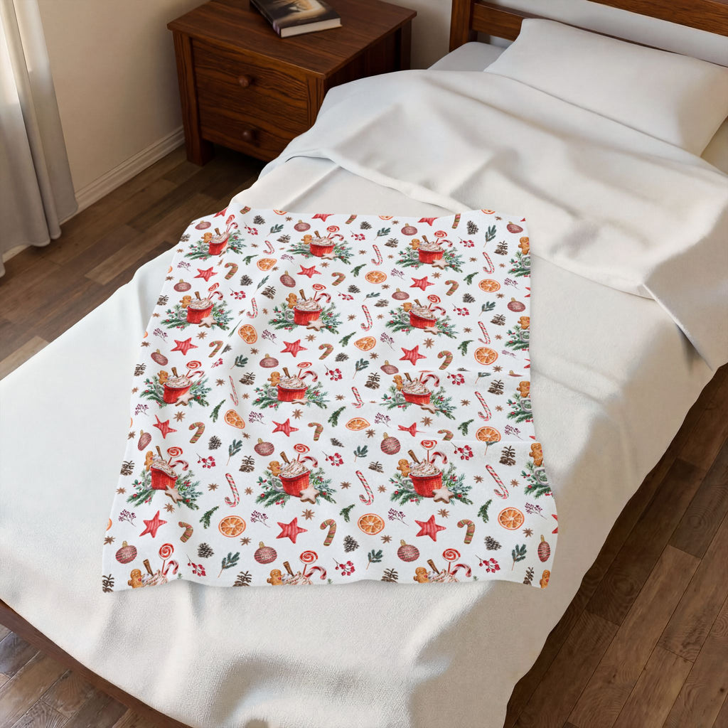 Christmas Hot Cocoa Pattern Velveteen Plush Blanket — Cozy Holiday Throw with Candy Canes & Ornaments