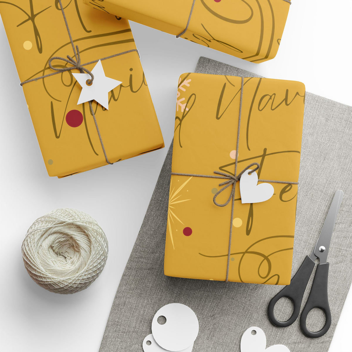 Christmas Wrapping Paper – “Feliz Navidad” Gold Holiday Gift Wrap with Evergreen & Snowflake Pattern