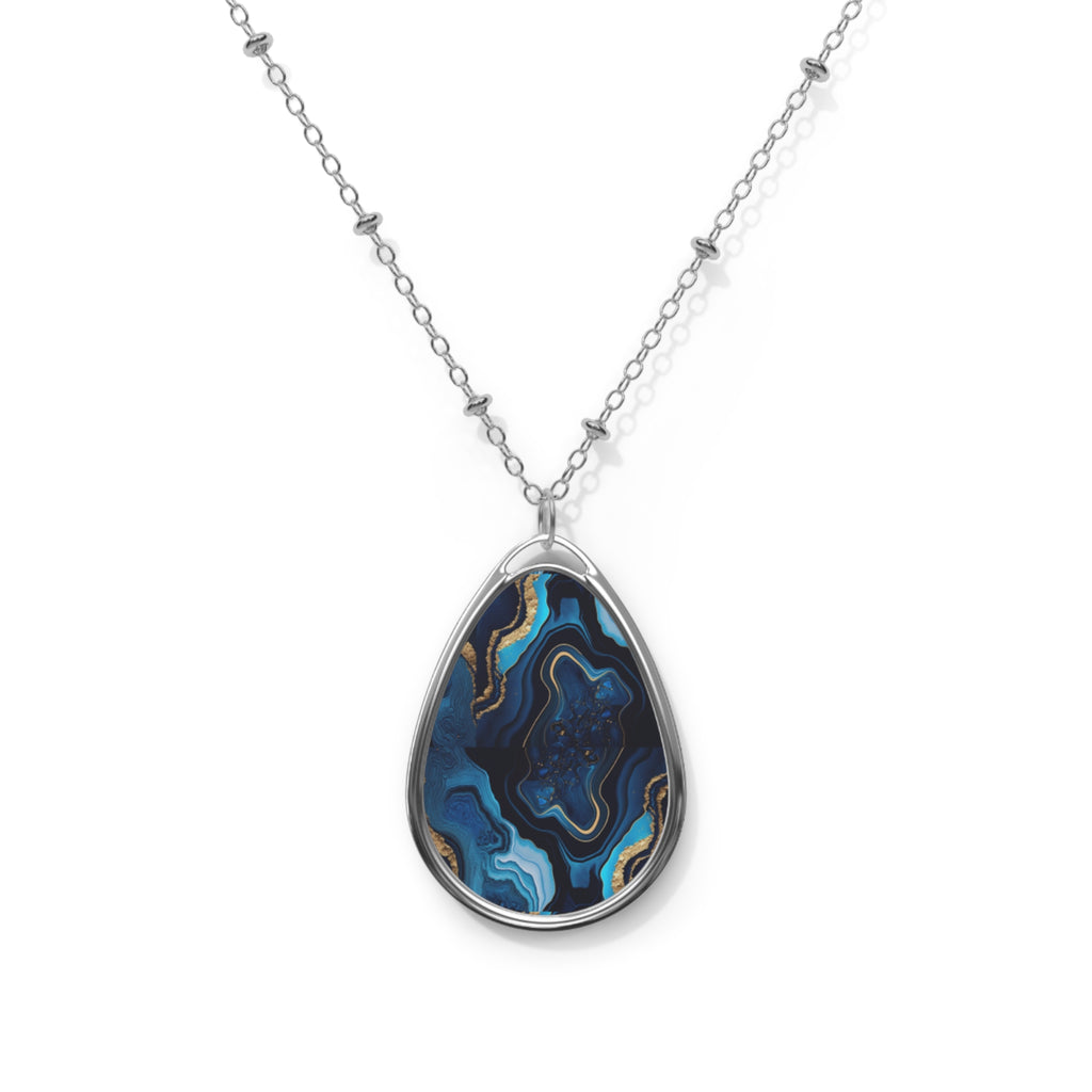 Elegant Blue Agate-Print Oval Pendant Necklace