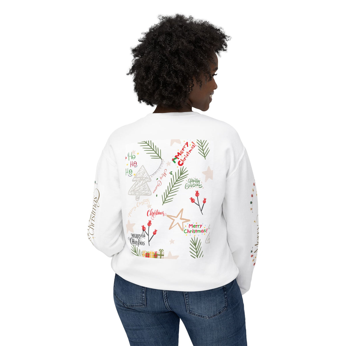 Christmas Graphic Crewneck Sweatshirt — Merry Christmas Holiday Sweater with Festive Sleeve Prints