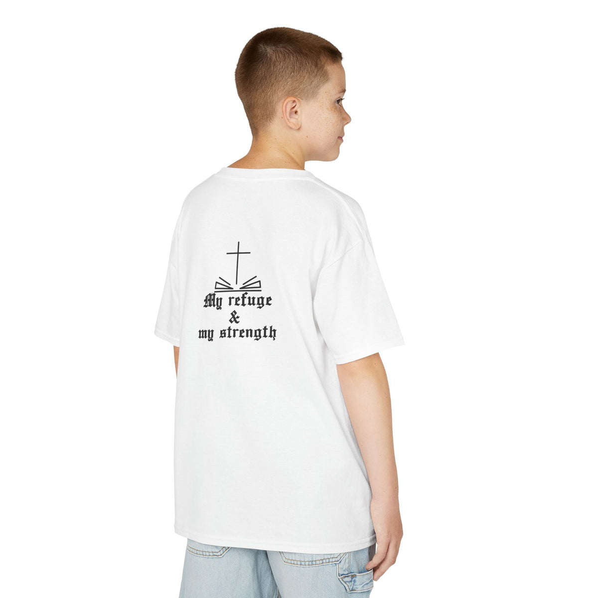 Kids Christian T‑Shirt — Gold Cross & "my refuge & my strength" Faith Tee