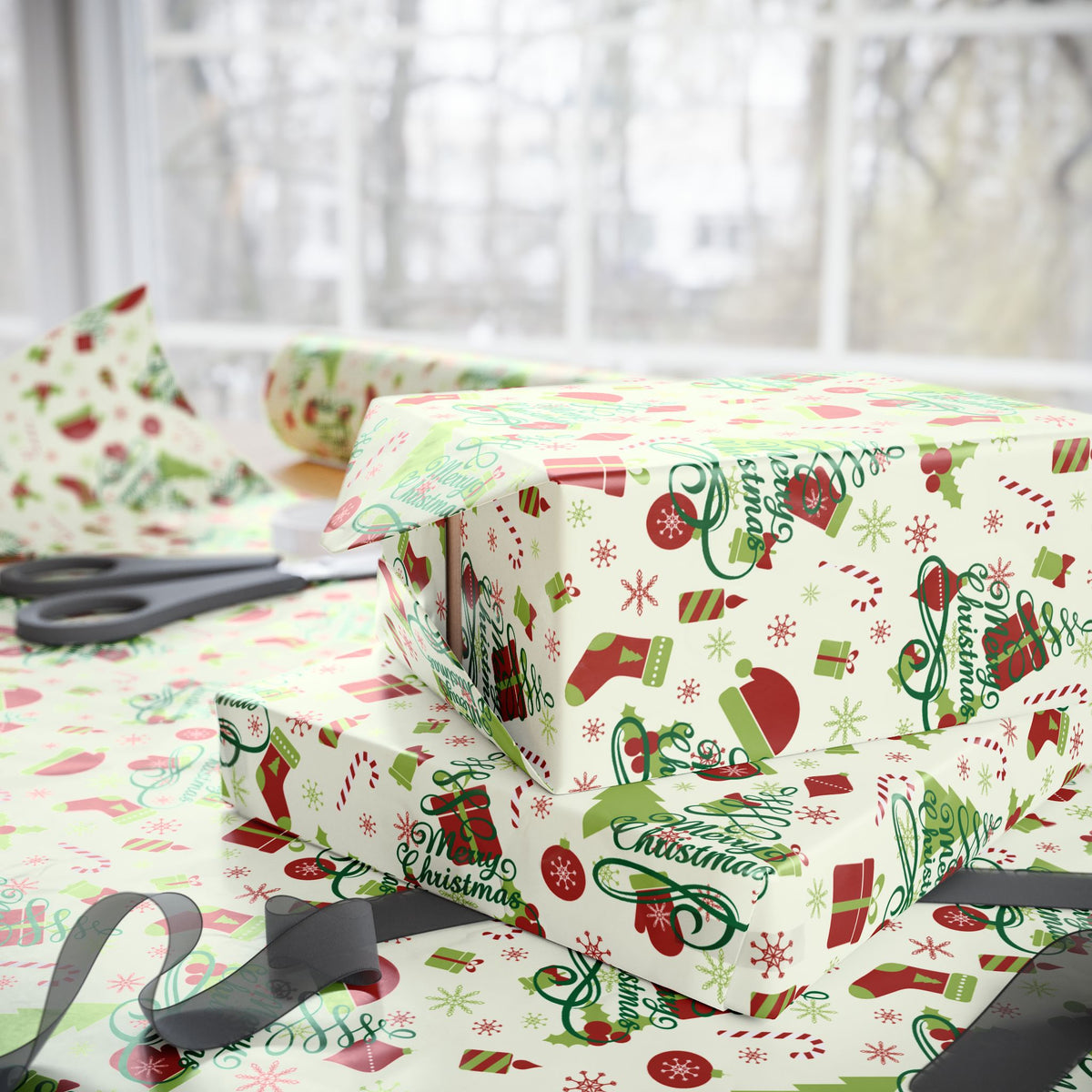 Christmas Wrapping Paper Roll — Festive Holly, Trees & Stockings Pattern