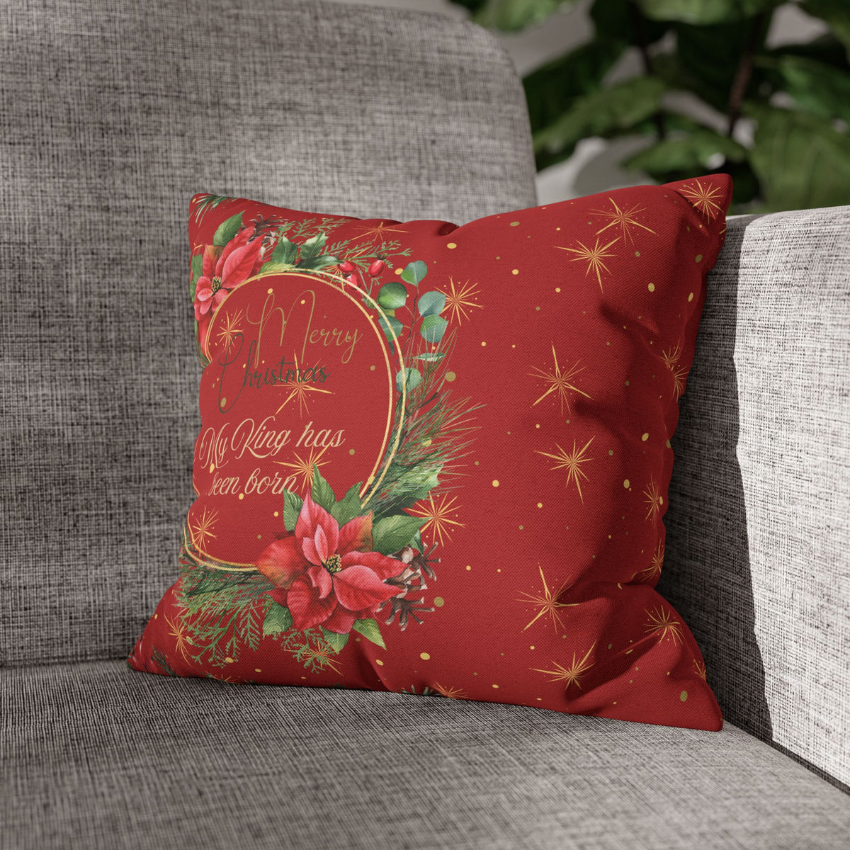 Christmas Wreath Decorative Pillowcase — "Merry Christmas" My King Has Been Born" Pillow Cover