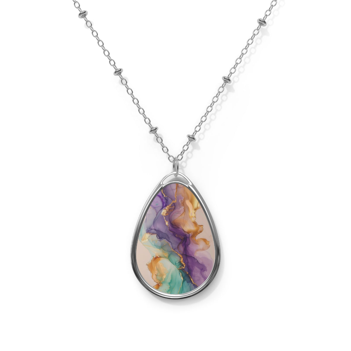 Oval Pendant Necklace — Abstract Watercolor Teal & Purple Jewelry