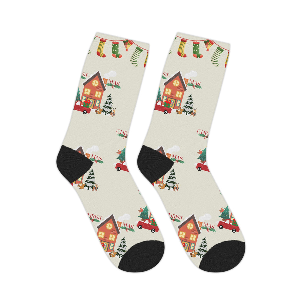 Christmas Village Mid-Length Socks — Cozy Holiday Tree & Car Pattern