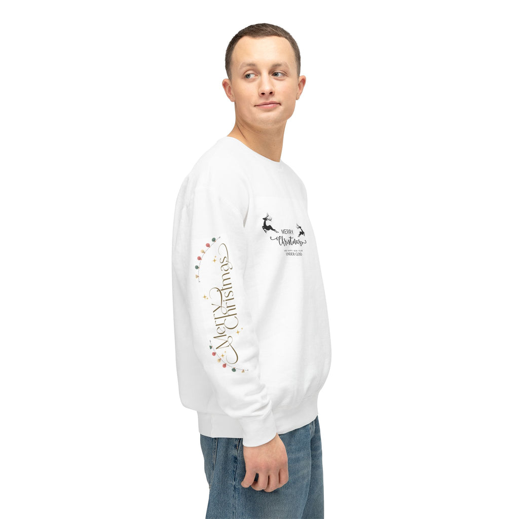 Christmas Graphic Crewneck Sweatshirt — Merry Christmas Holiday Sweater with Festive Sleeve Prints