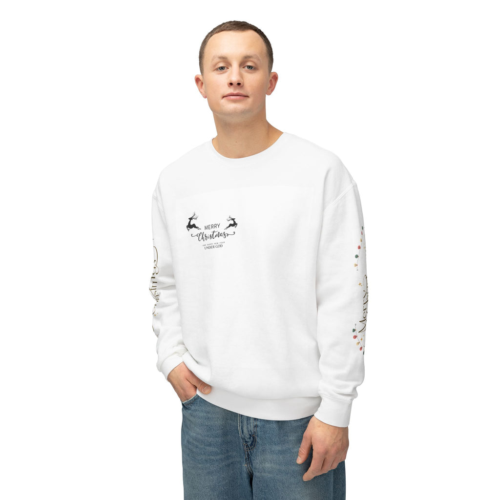 Christmas Graphic Crewneck Sweatshirt — Merry Christmas Holiday Sweater with Festive Sleeve Prints
