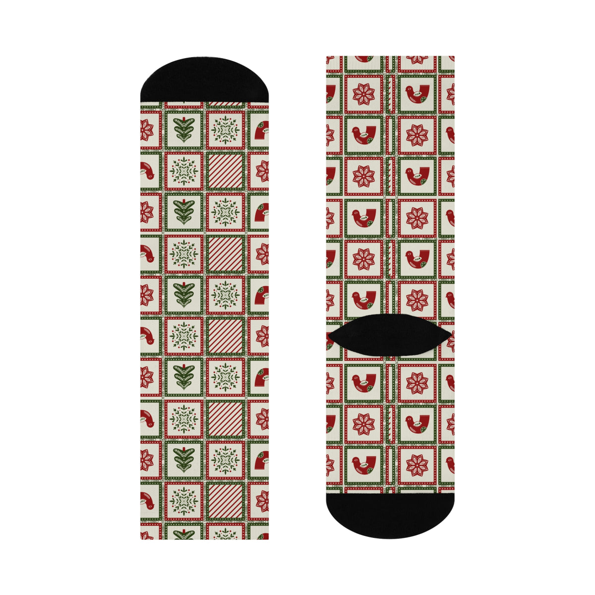 Holiday Patchwork Crew Socks — Christmas Tree & Snowflake Cushioned Socks