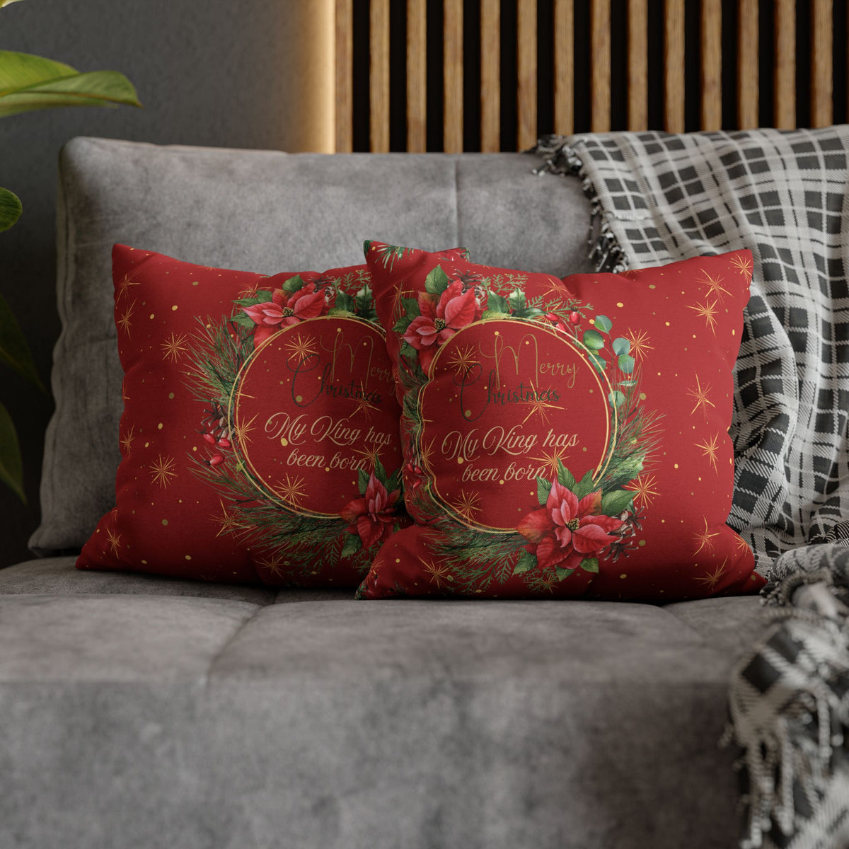 Christmas Wreath Decorative Pillowcase — "Merry Christmas" My King Has Been Born" Pillow Cover