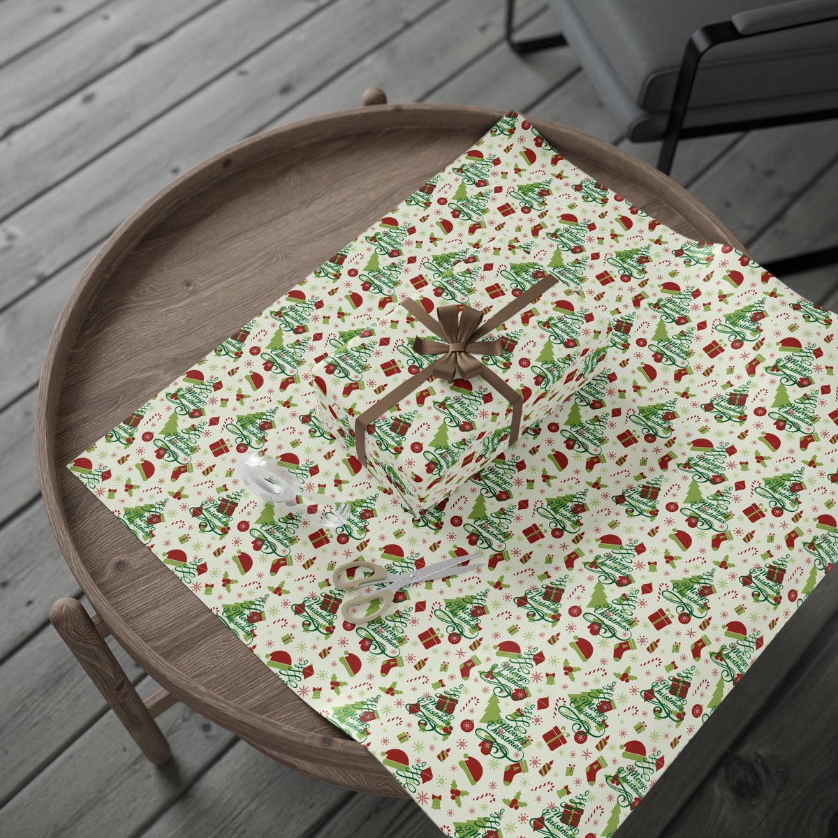 Christmas Wrapping Paper Roll — Festive Holly, Trees & Stockings Pattern