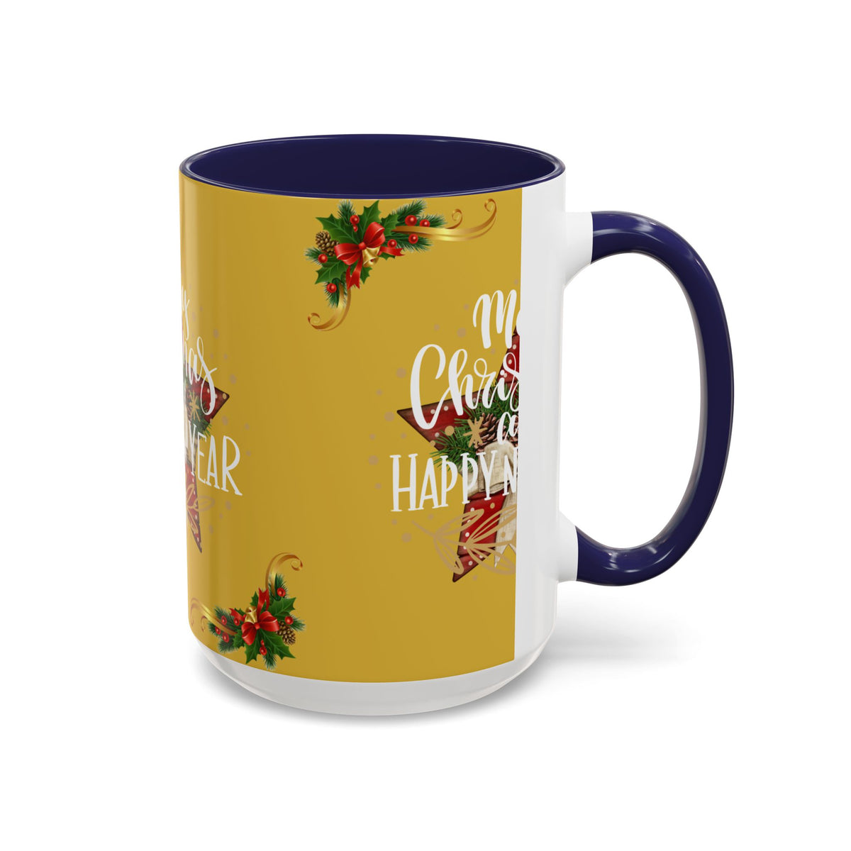 Christmas Coffee Mug - "Merry Christmas and Happy New Year" Accent Holiday Tea Cup (15oz)