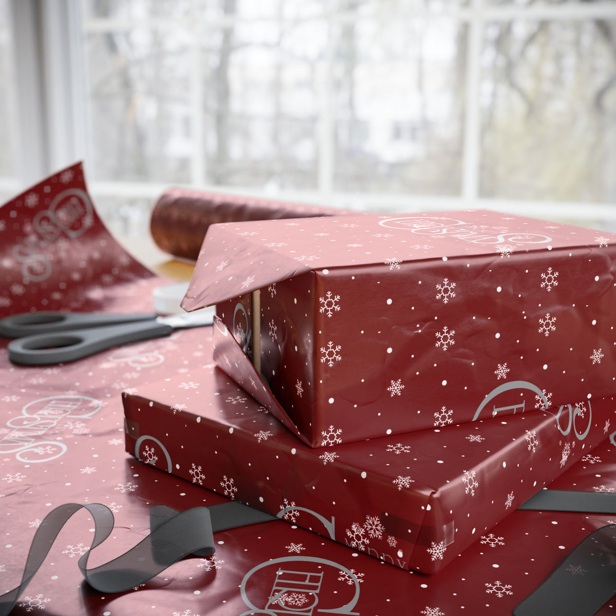 Red Christmas Wrapping Paper with Snowflakes and Holiday Ornaments