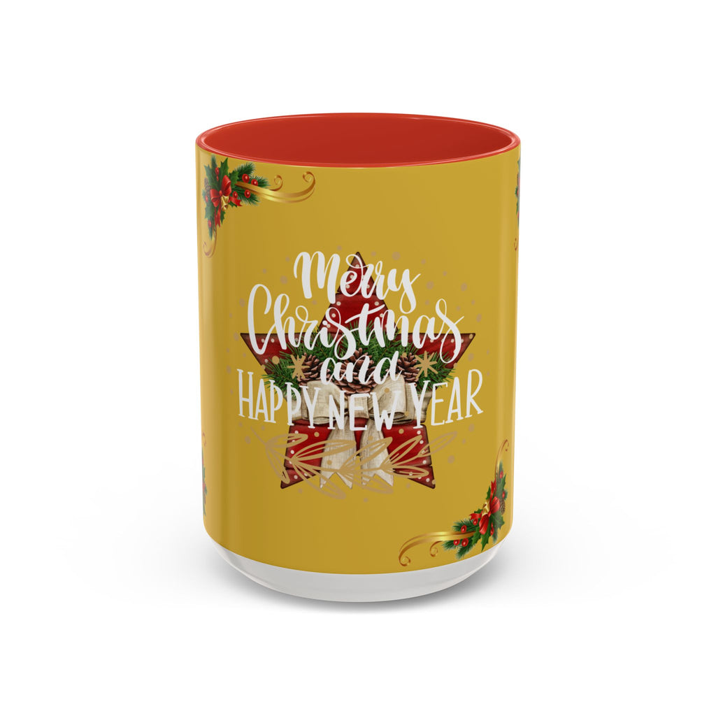 Christmas Coffee Mug - "Merry Christmas and Happy New Year" Accent Holiday Tea Cup (15oz)
