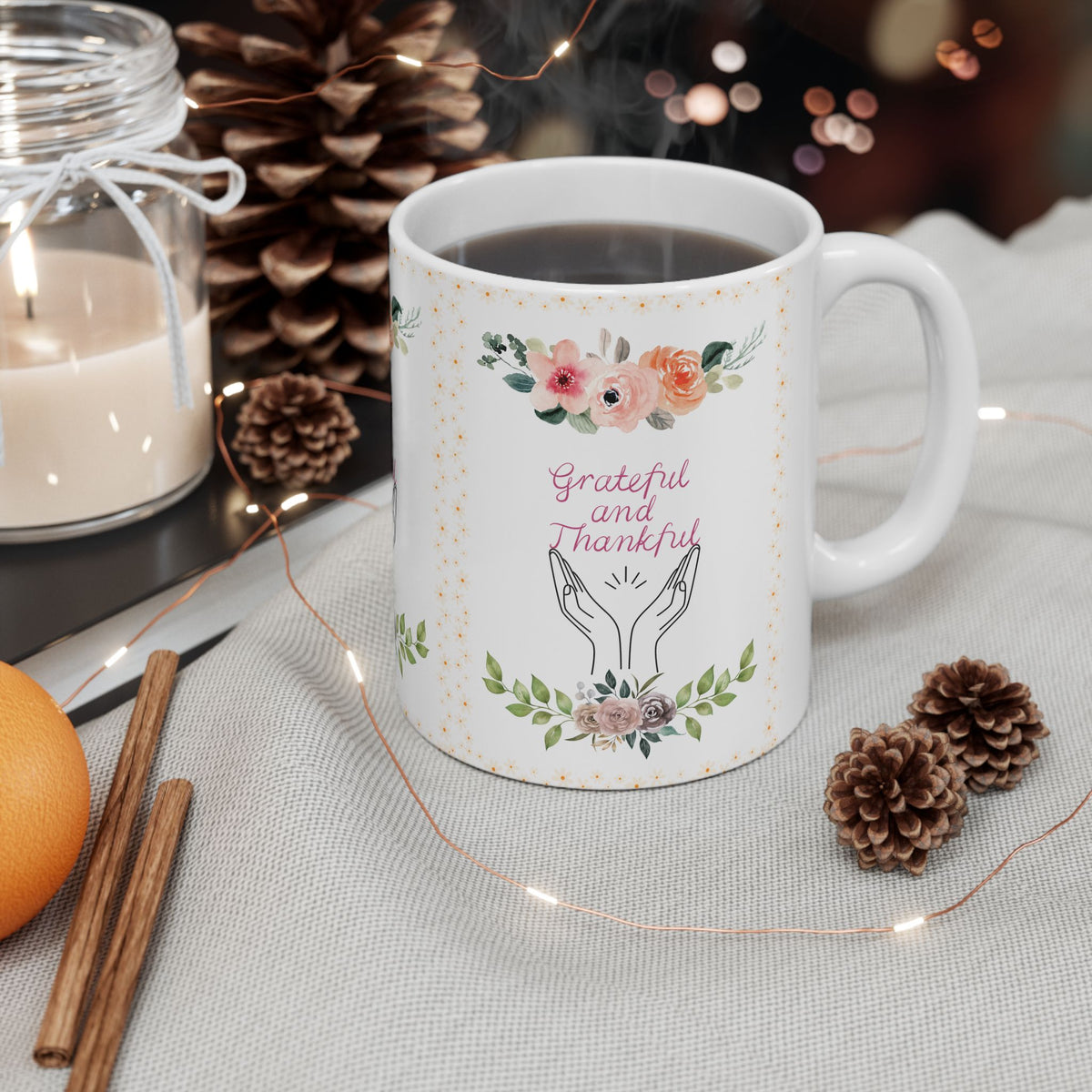 Grateful and Thankful | Beautiful Floral Mug Ceramic coffee cup