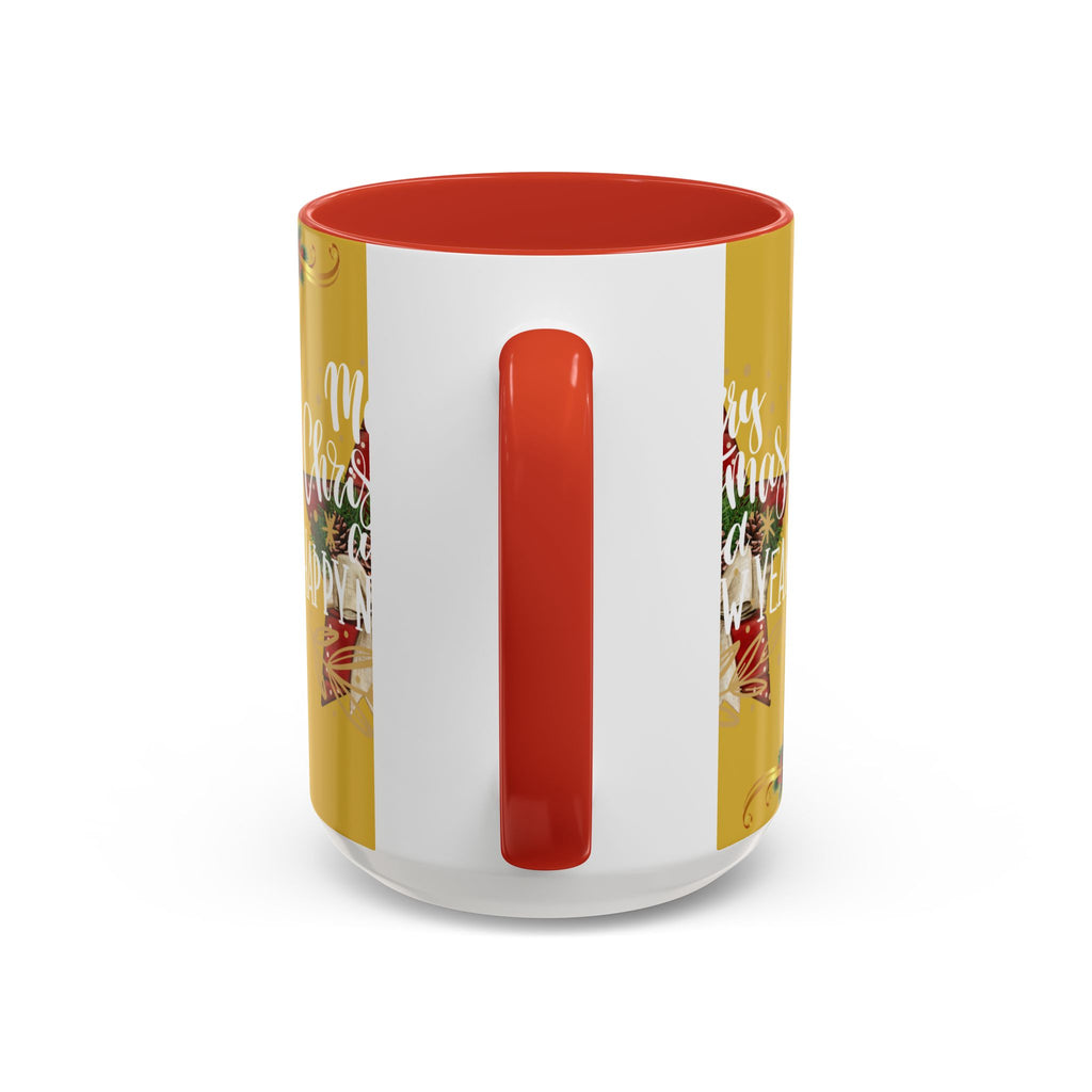 Christmas Coffee Mug - "Merry Christmas and Happy New Year" Accent Holiday Tea Cup (15oz)