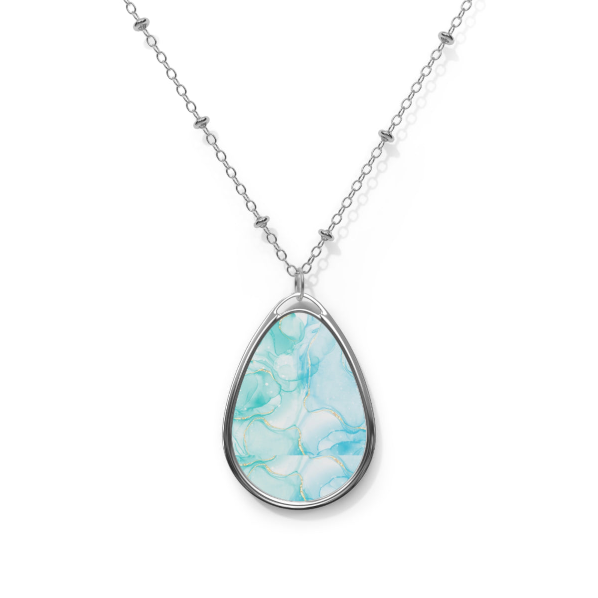 Elegant Aqua Marble-Print Teardrop Pendant Necklace