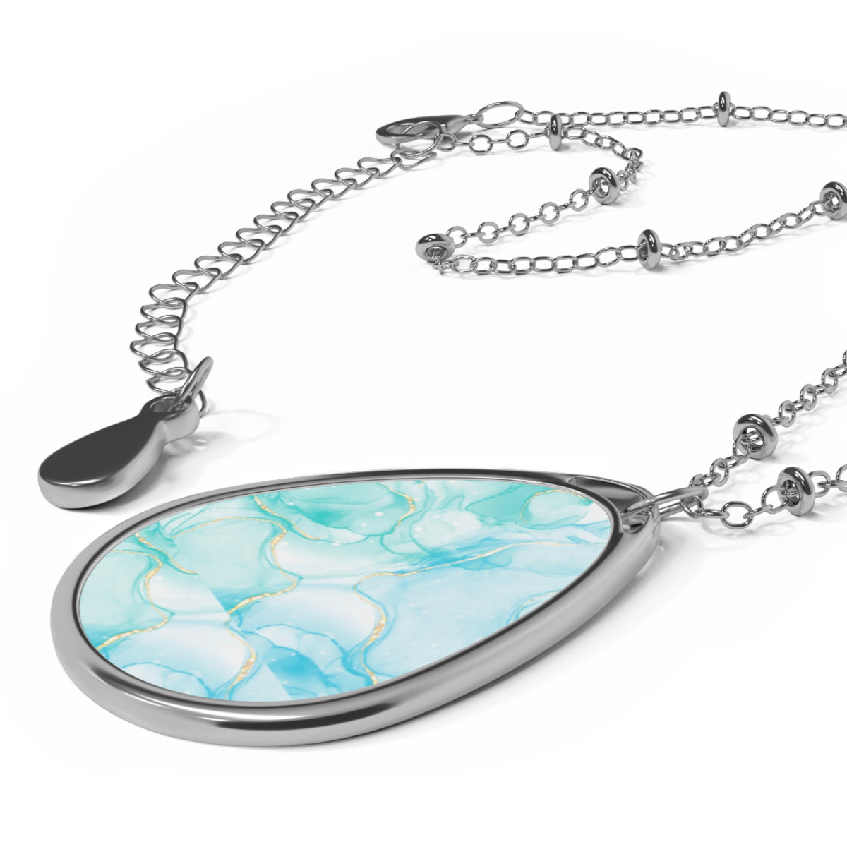 Elegant Aqua Marble-Print Teardrop Pendant Necklace