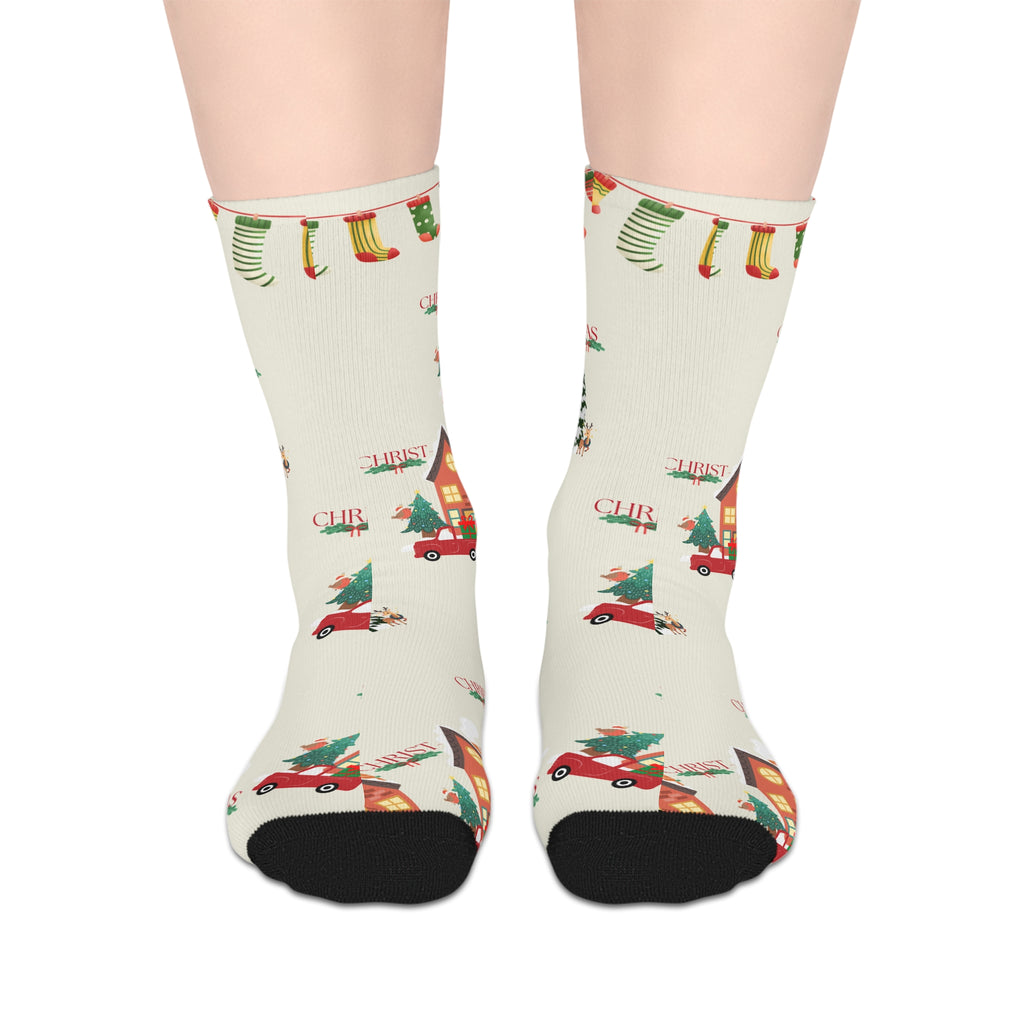 Christmas Village Mid-Length Socks — Cozy Holiday Tree & Car Pattern