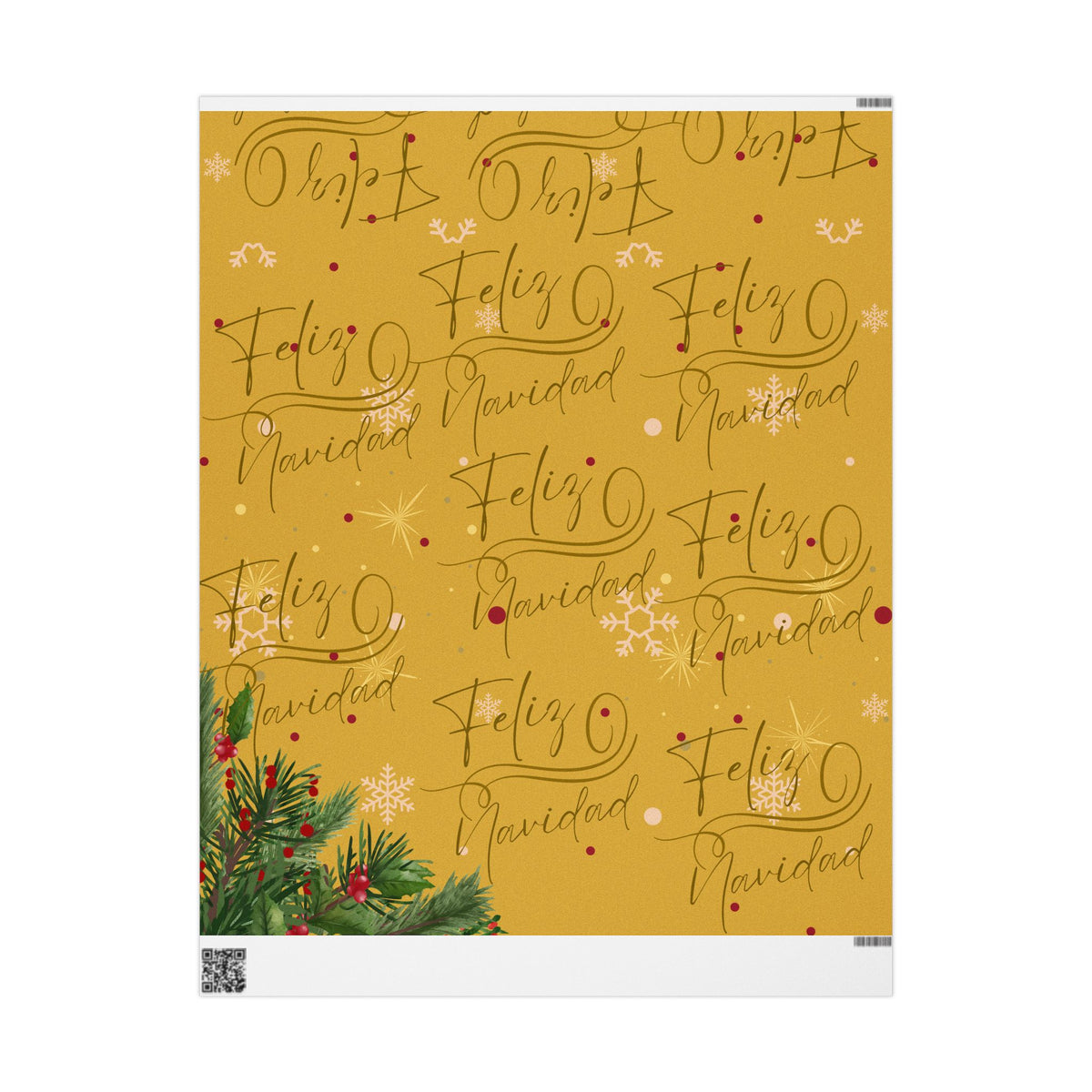 Christmas Wrapping Paper – “Feliz Navidad” Gold Holiday Gift Wrap with Evergreen & Snowflake Pattern