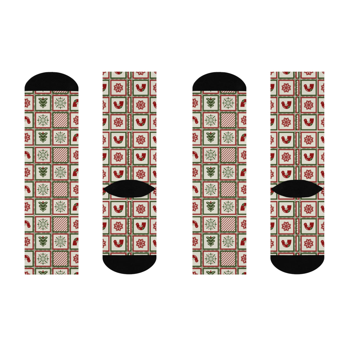 Holiday Patchwork Crew Socks — Christmas Tree & Snowflake Cushioned Socks