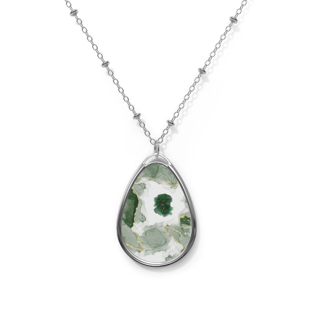 Elegant Green Marble-Print Oval Pendant Necklace