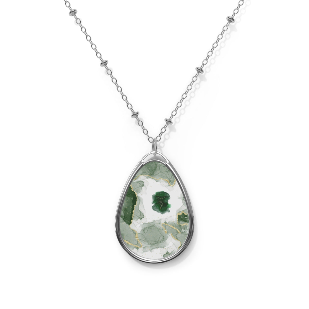 Elegant Green Marble-Print Oval Pendant Necklace