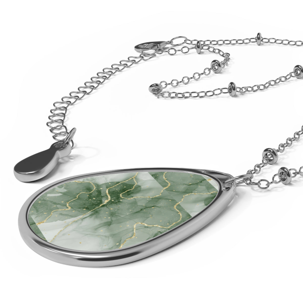 Elegant Green Marble-Print Oval Pendant Necklace