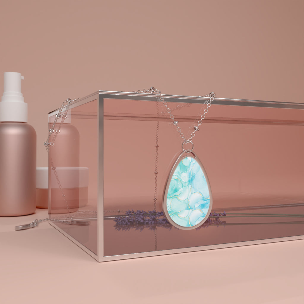 Elegant Aqua Marble-Print Teardrop Pendant Necklace