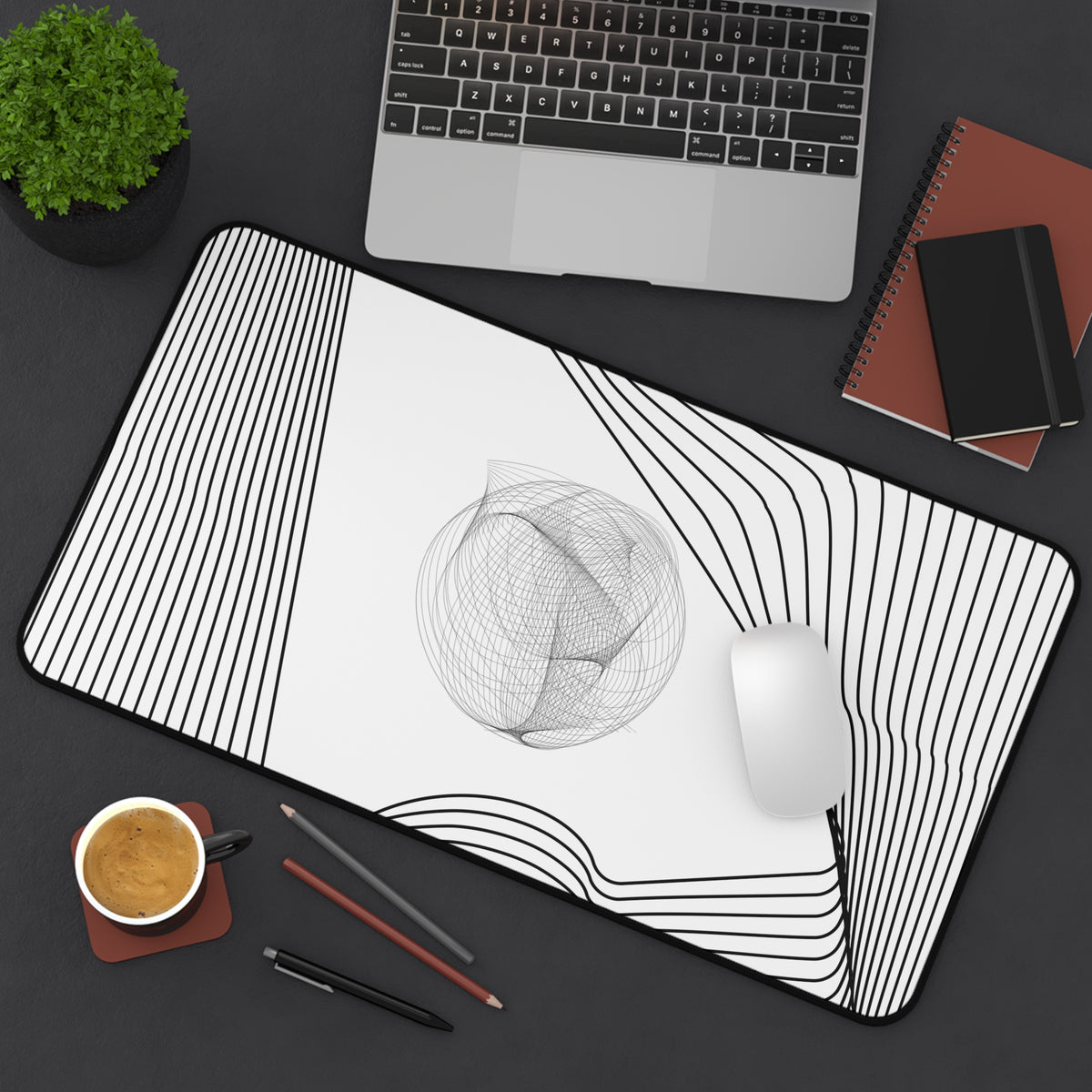 Abstract Black & White Line Art Desk Mat — Minimalist Office Mouse Pad