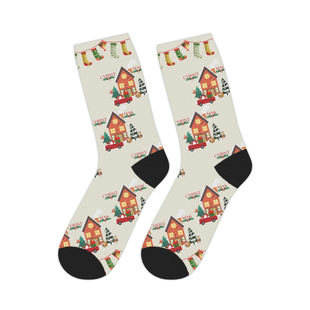 Christmas Village Mid-Length Socks — Cozy Holiday Tree & Car Pattern