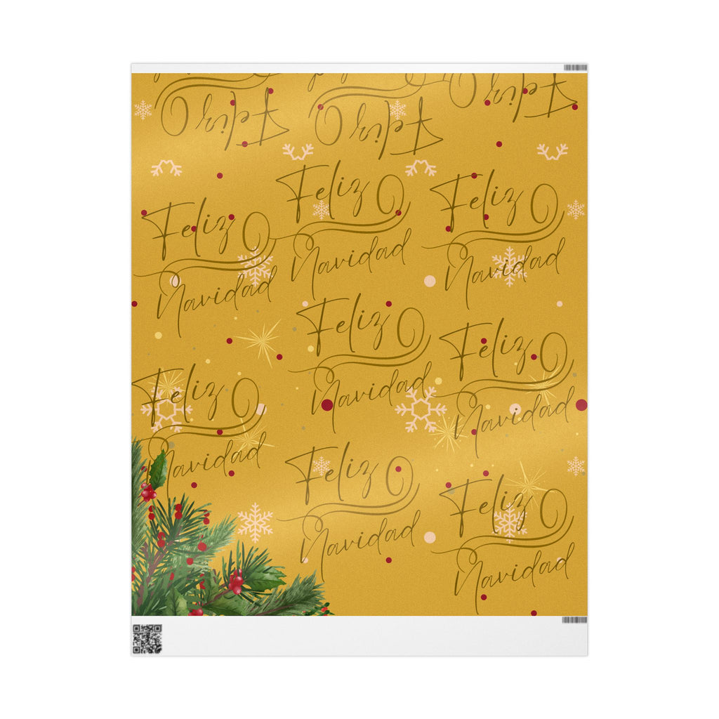 Christmas Wrapping Paper – “Feliz Navidad” Gold Holiday Gift Wrap with Evergreen & Snowflake Pattern