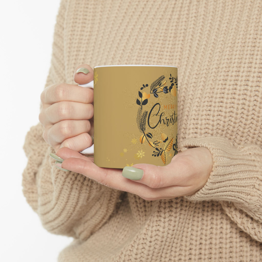 Christmas Wreath Ceramic Mug — Merry Christmas Gold Holiday Coffee Cup (11oz)